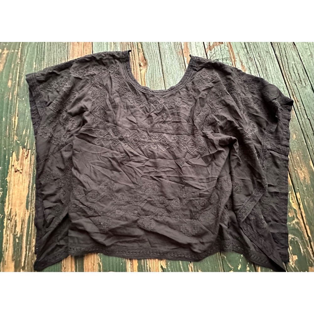 Goth Lucky Brand Black Embroidered Lace Trim Boho Peasant Top Medium